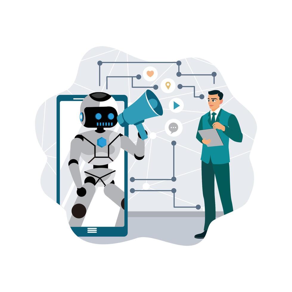 Robot communicates with businessman via smartphone vector