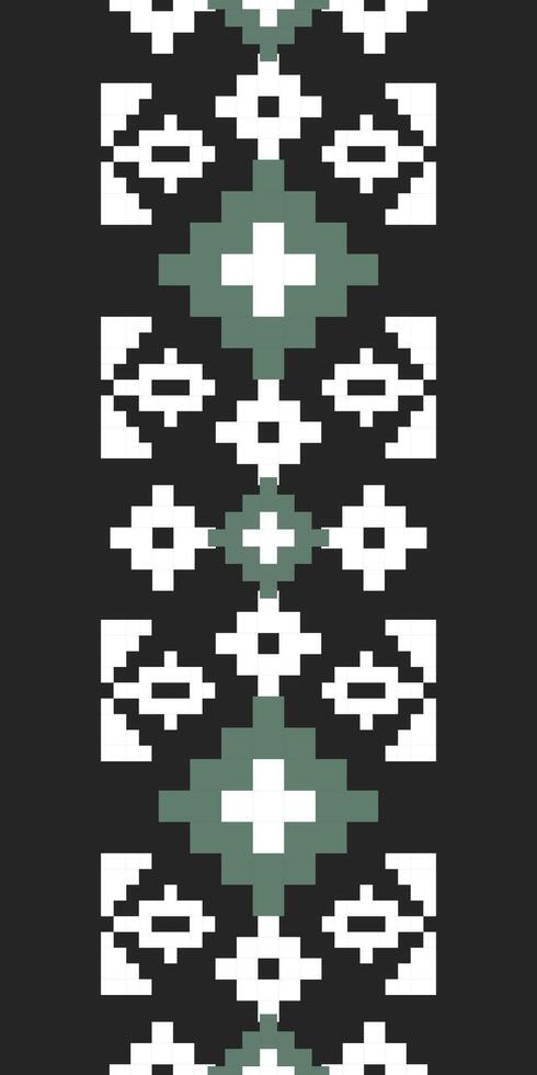 Striking Thai silk-inspired pixel art vertical pattern in black, white and sage green ideal for modern textiles, bold backgrounds and graphic designs. vector