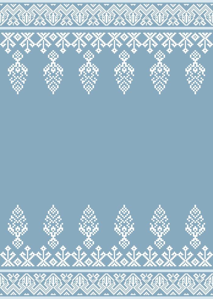 Thai silk-inspired pixel art frame in serene blue and white with floral and geometric motifs ideal for borders, invitations, and cultural designs. vector