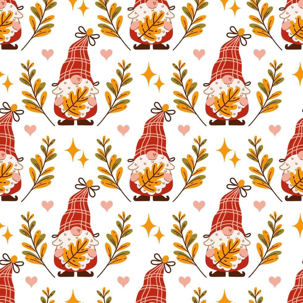 Cute gnome pattern with autumn leaves vector