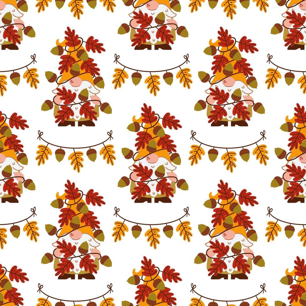 Fall gnome pattern with colorful leaves vector
