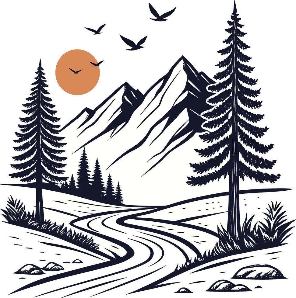 Hand Drawn Landscape with Pines and Birds vector