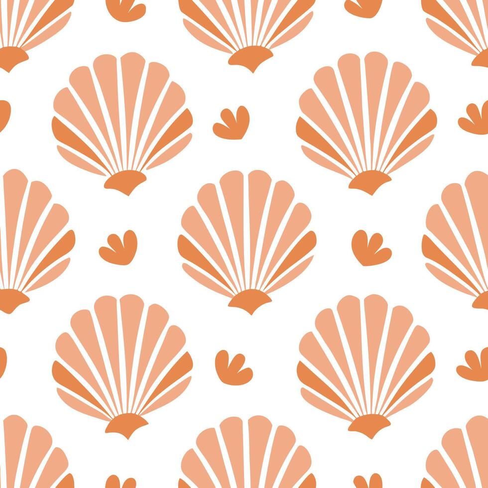 seamless pattern with orange shells and hearts vector
