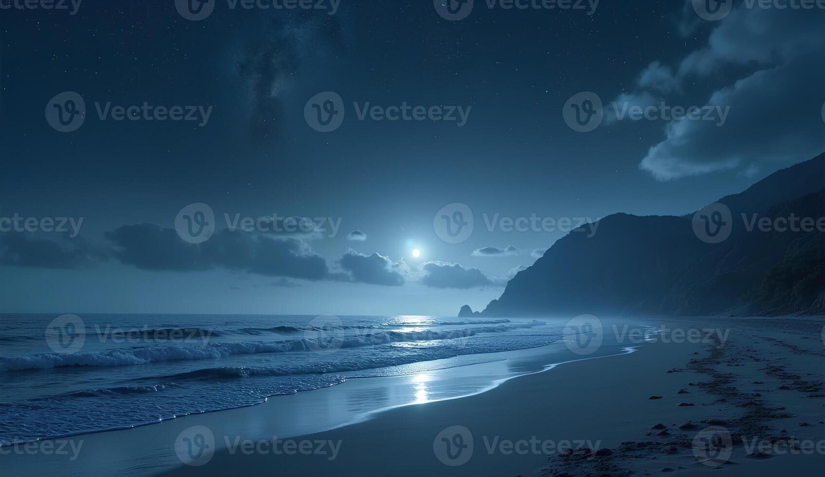 A beach at night with a full moon and waves photo