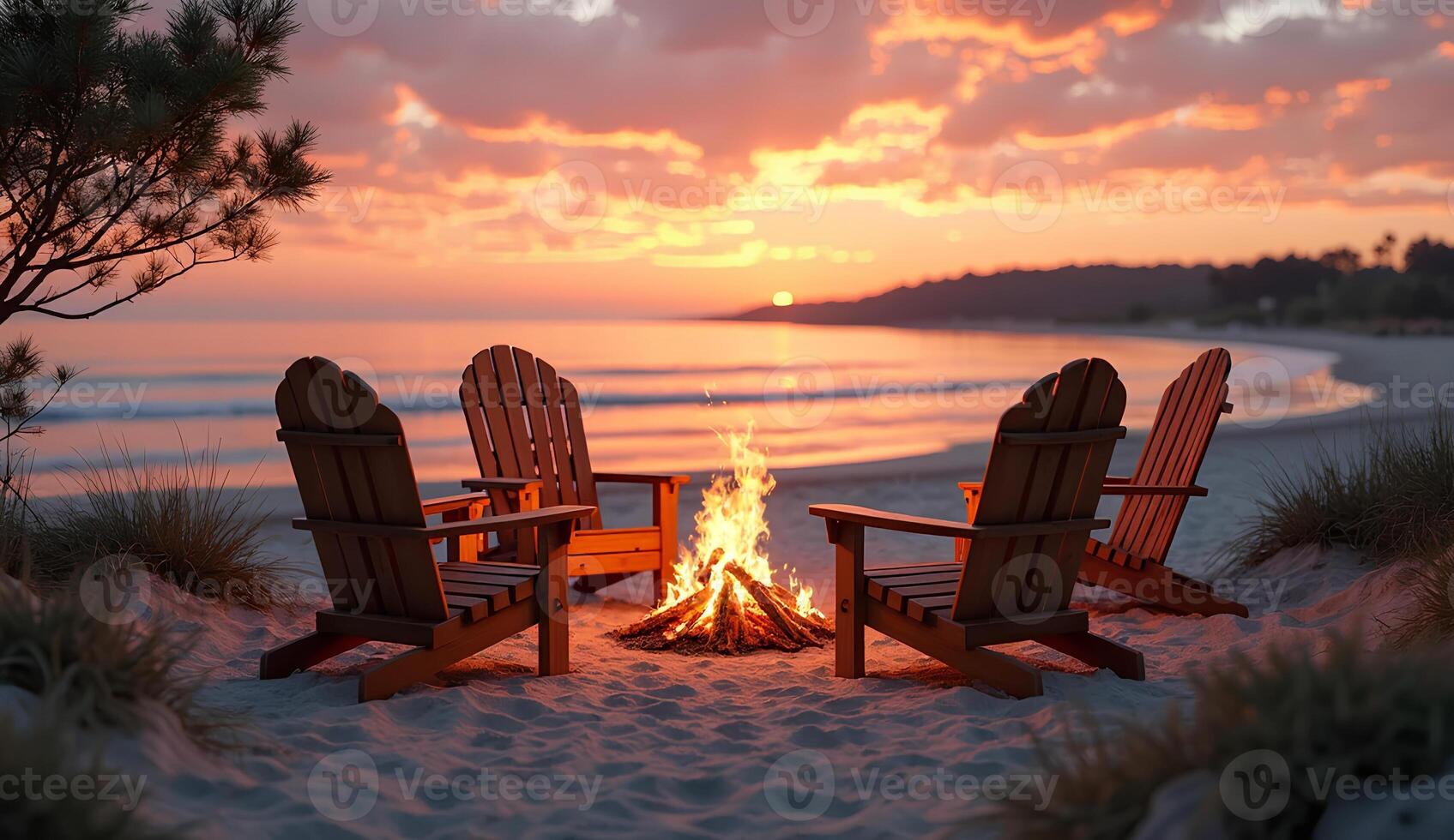 Beach chairs and a fire pit on the sand photo