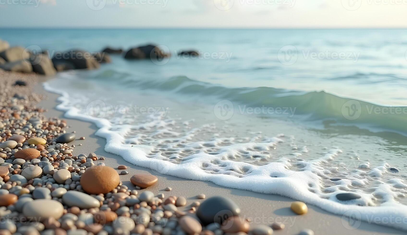 A beach with rocks and pebbles on the sand photo