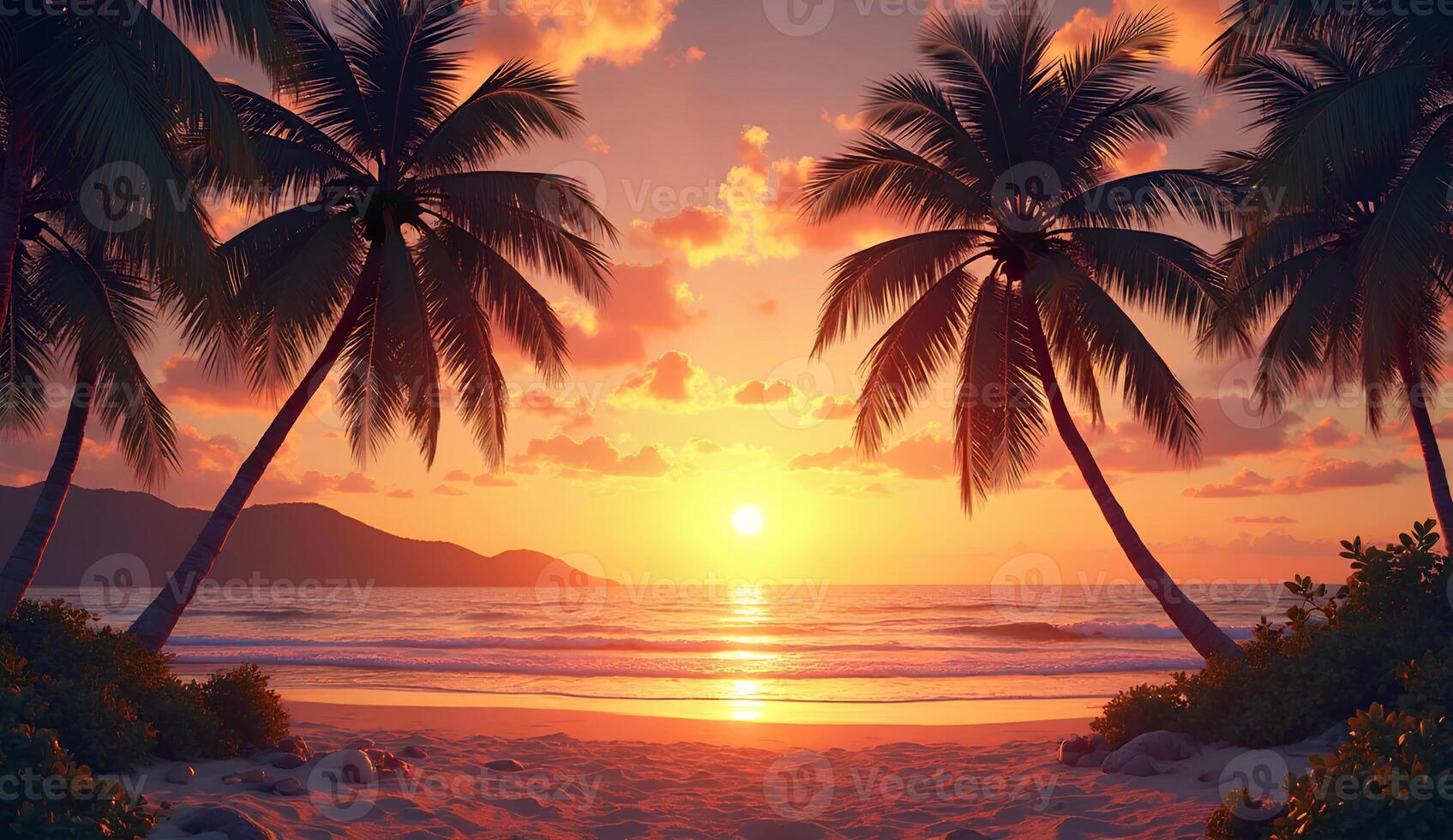 The sun sets over a tropical beach with palm trees photo