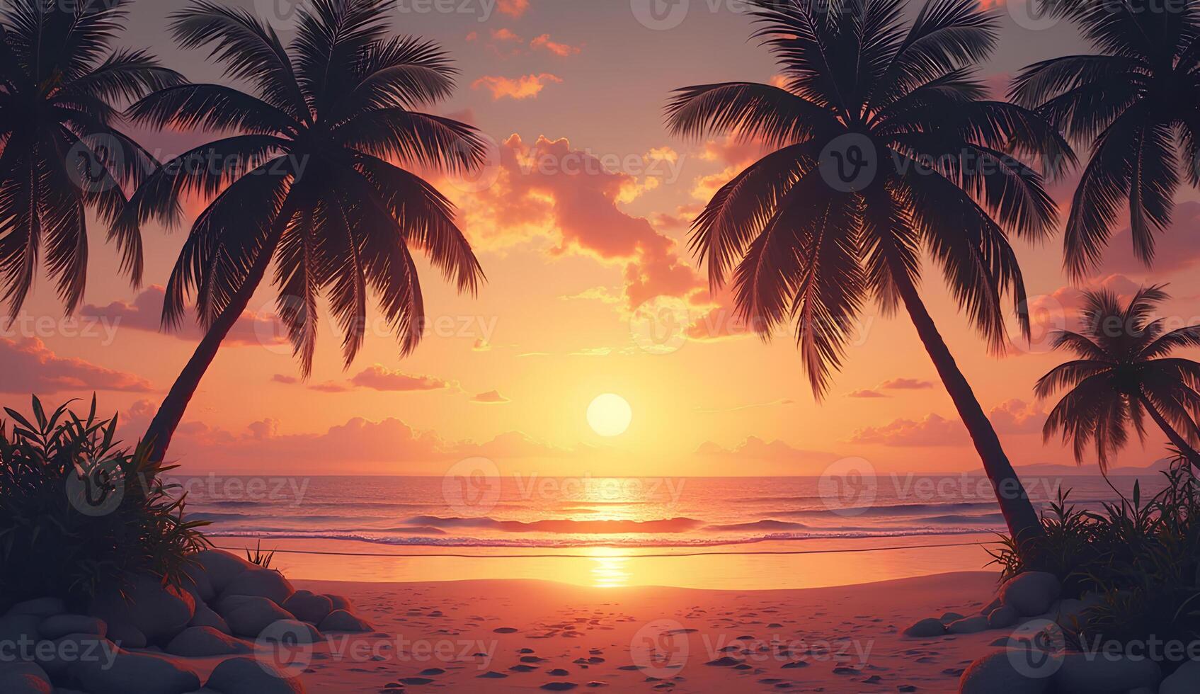 Sunset on the beach with palm trees photo