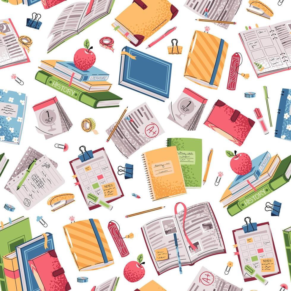 Colorful pattern of books and school supplies vector