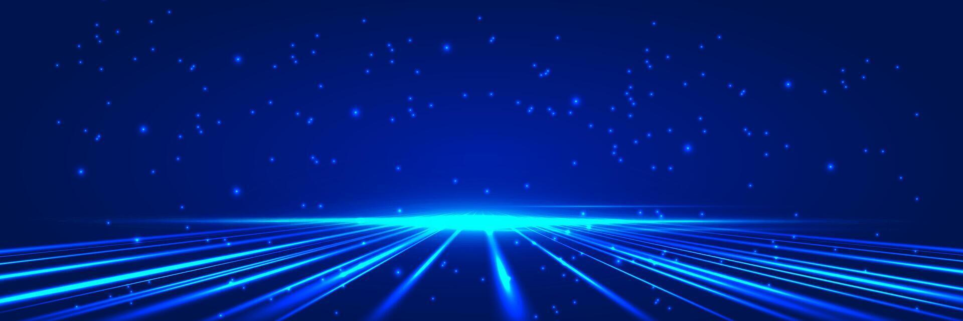 Abstract background with glowing blue light beams rising from the ground, combined with floating particles in a futuristic digital style for banners or presentations vector