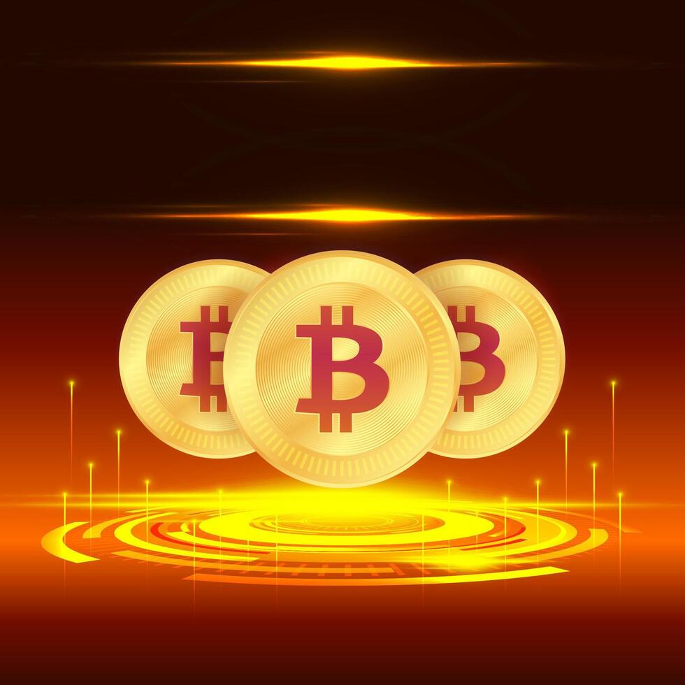 illustration of glowing golden Bitcoin coin, futuristic digital with dark brown and black background, suitable for cryptocurrency concept, blockchain technology, digital finance and investment. vector
