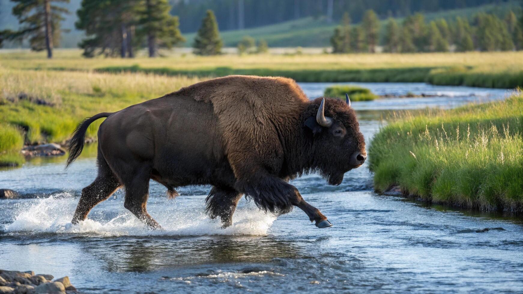 A bison is crossing a stream in yellowstone photo