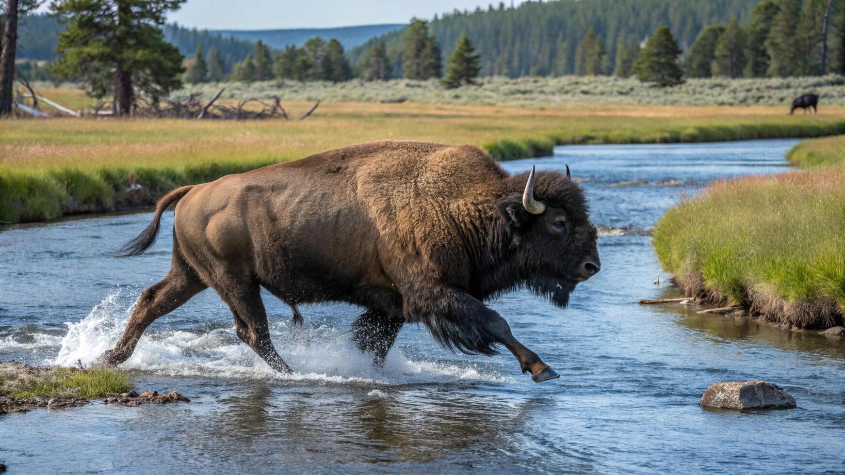 A bison crossing a stream in yellowstone national park photo