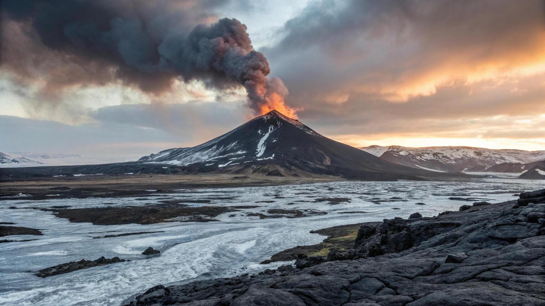 Eruption of volcano during sunset photo