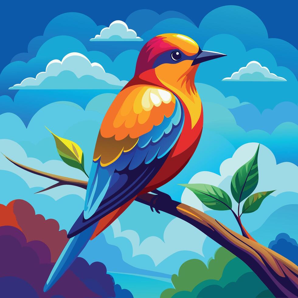 a colorful bird sitting on a branch in the sky. vector