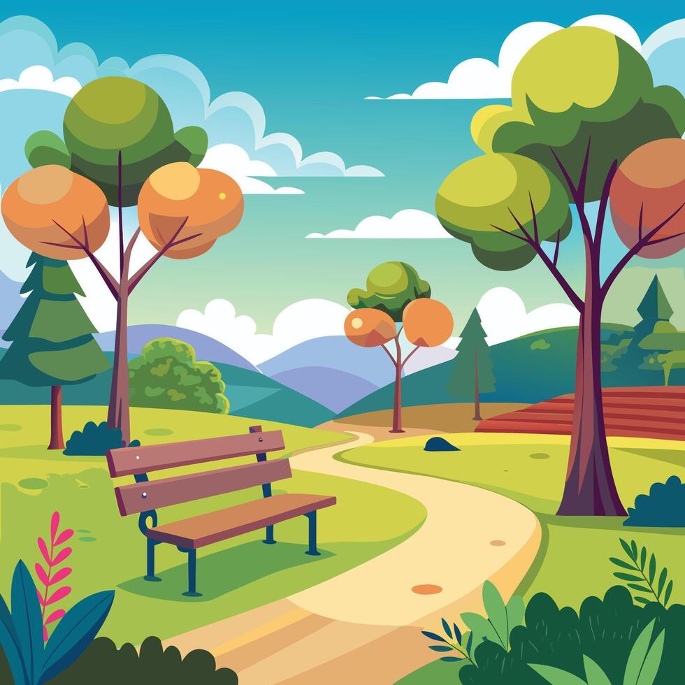 a cartoon illustration of a park with a bench and trees. vector