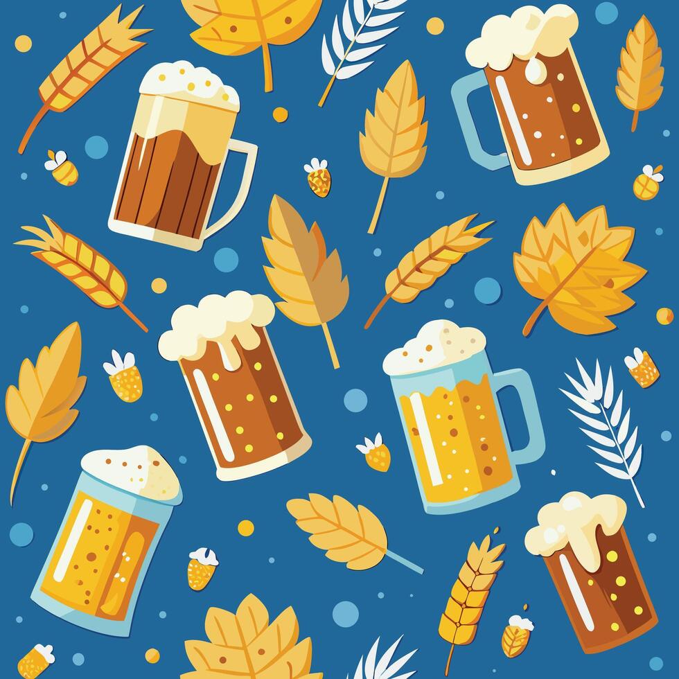 seamless pattern with beer and wheat leaves. vector