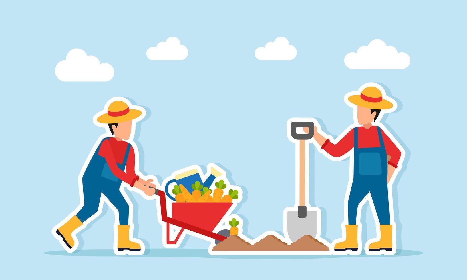 Farmer pushing a wheelbarrow full of vegetables while another farmer stands holding a shovel near farmland illustration of teamwork in improve agricultural management efficiency vector