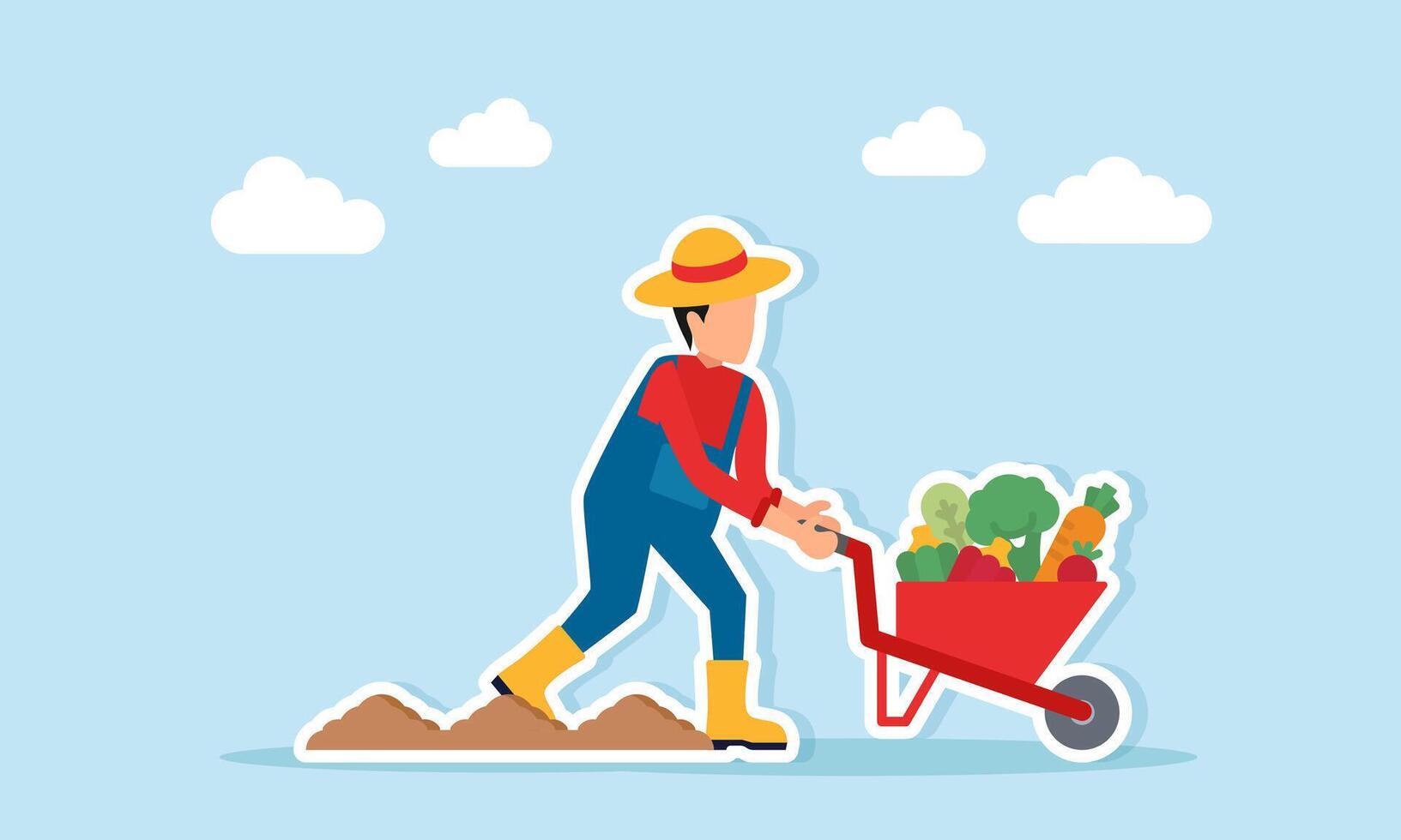 Farmer pushing a wheelbarrow full of vegetables near farmland illustration of agricultural land management vector