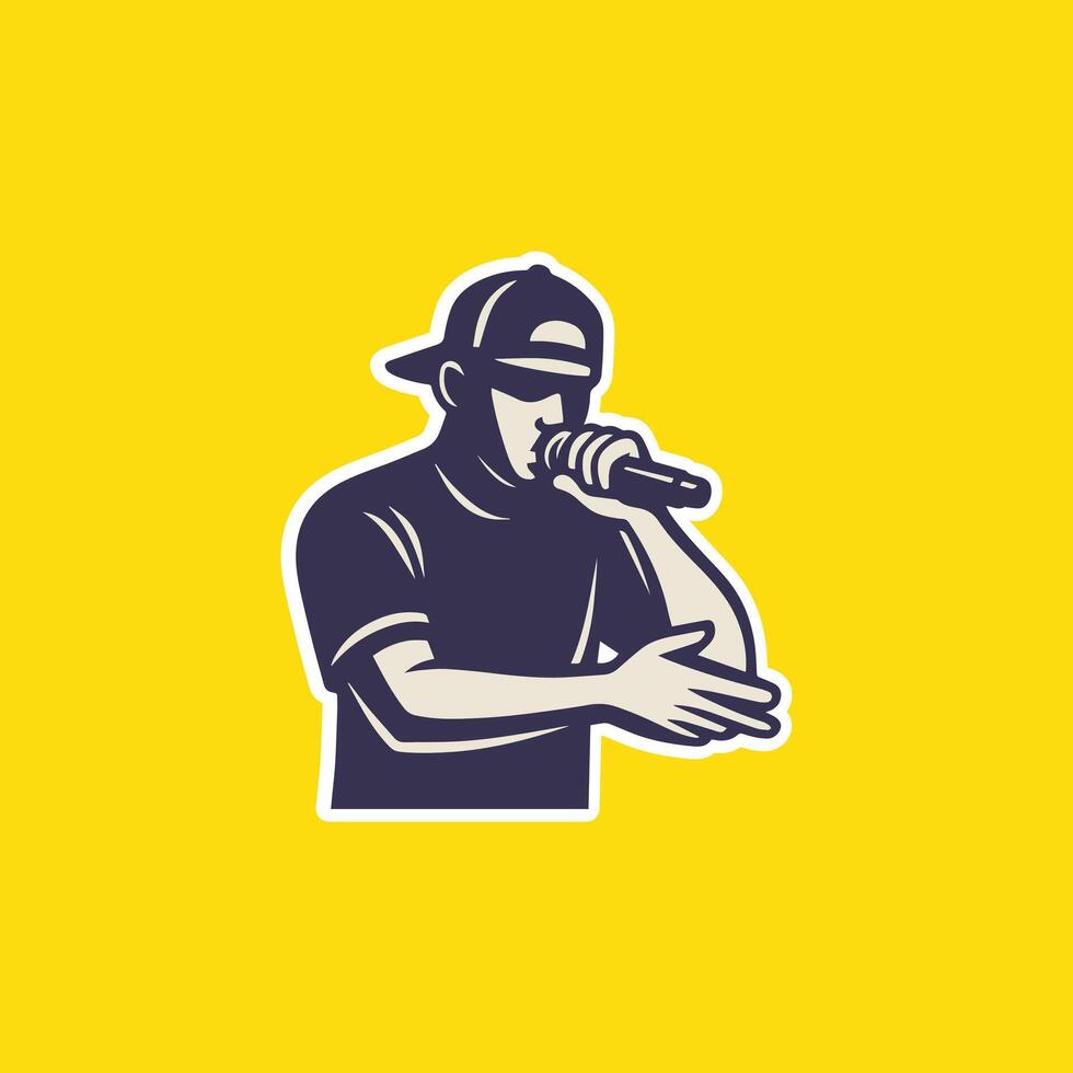 Hip hop rapper man silhouette logo with microphone pose, vector