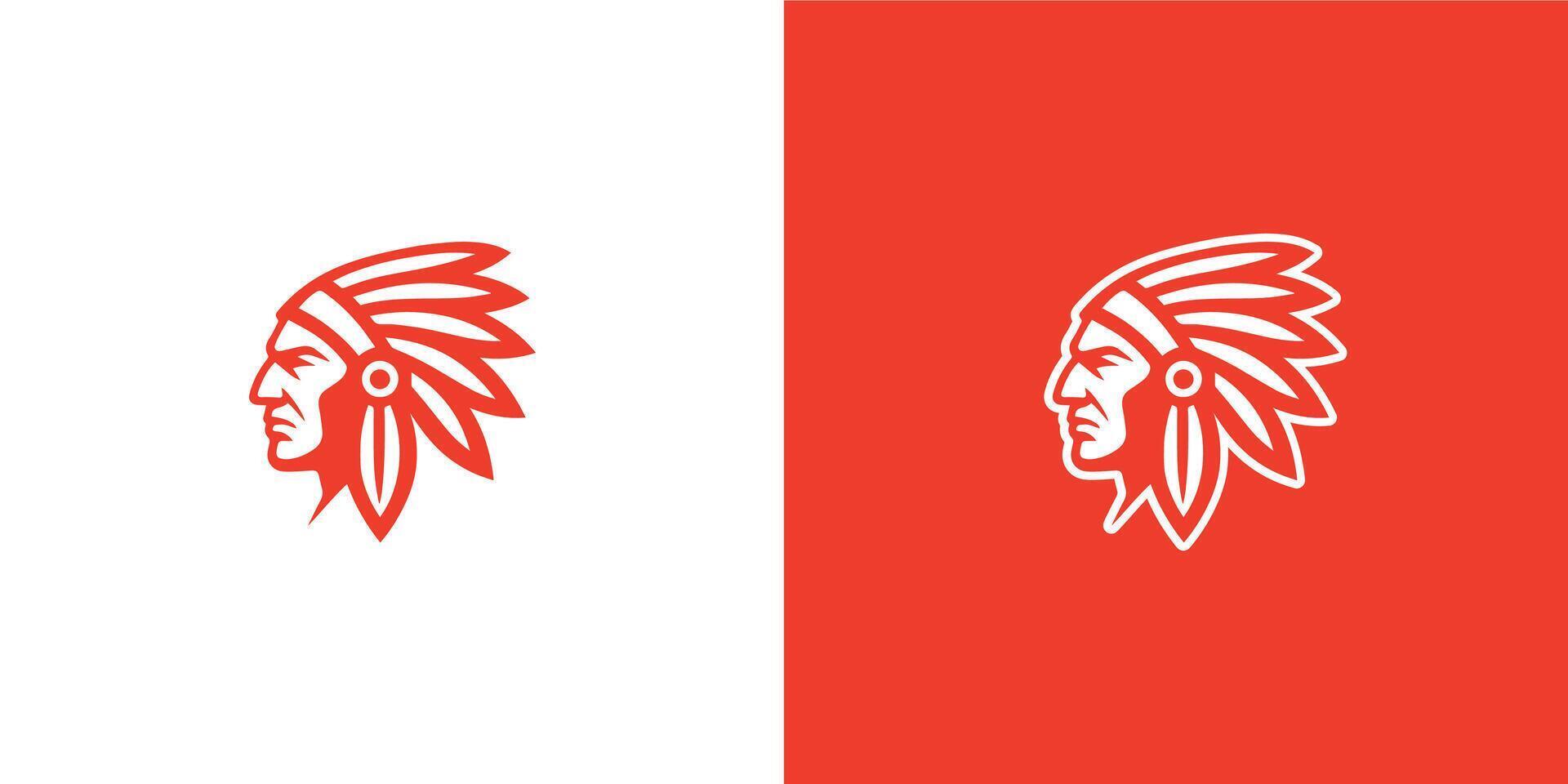 Native American tribal face silhouette logo with feather headdress, vector