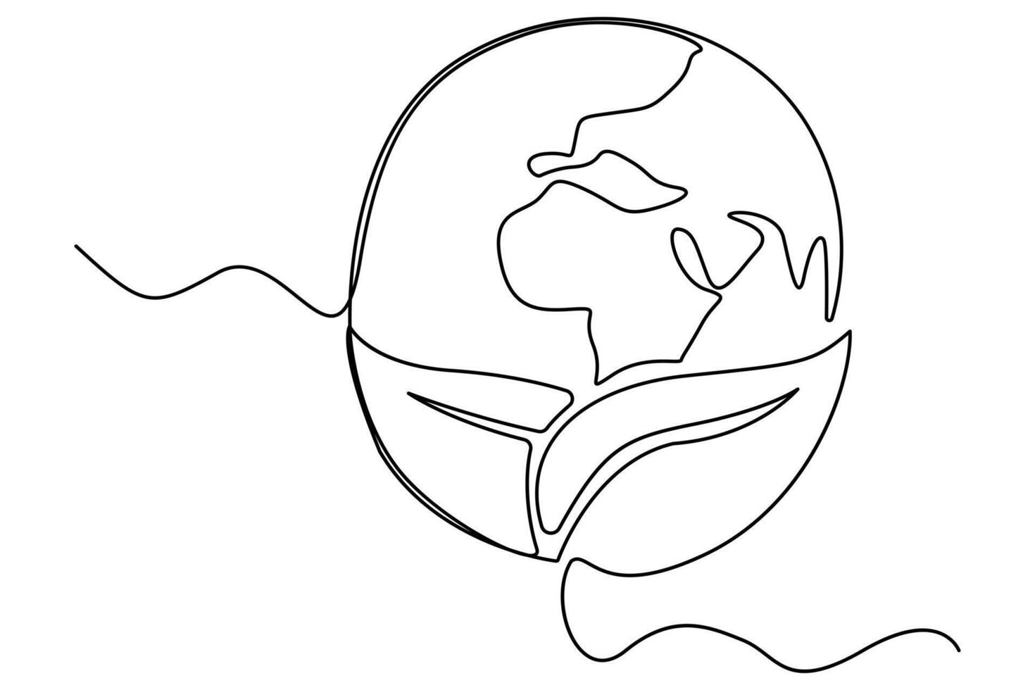 Minimal one line globe and plant sprout drawing for green growth symbol vector