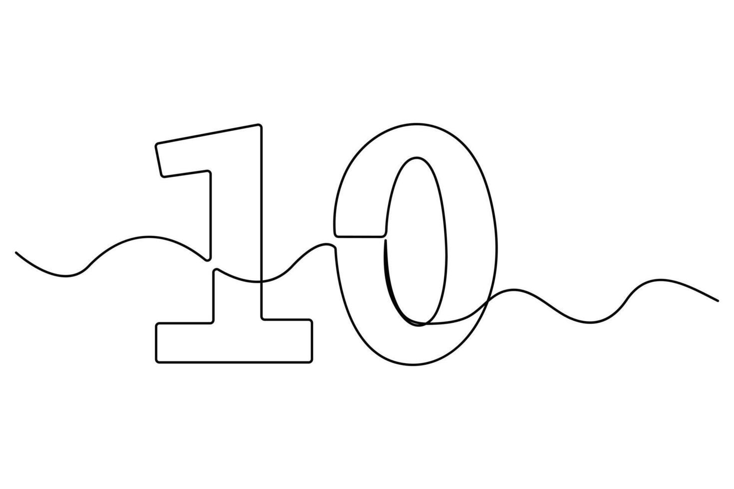 Continuous one line drawing of number ten in minimal outline style vector