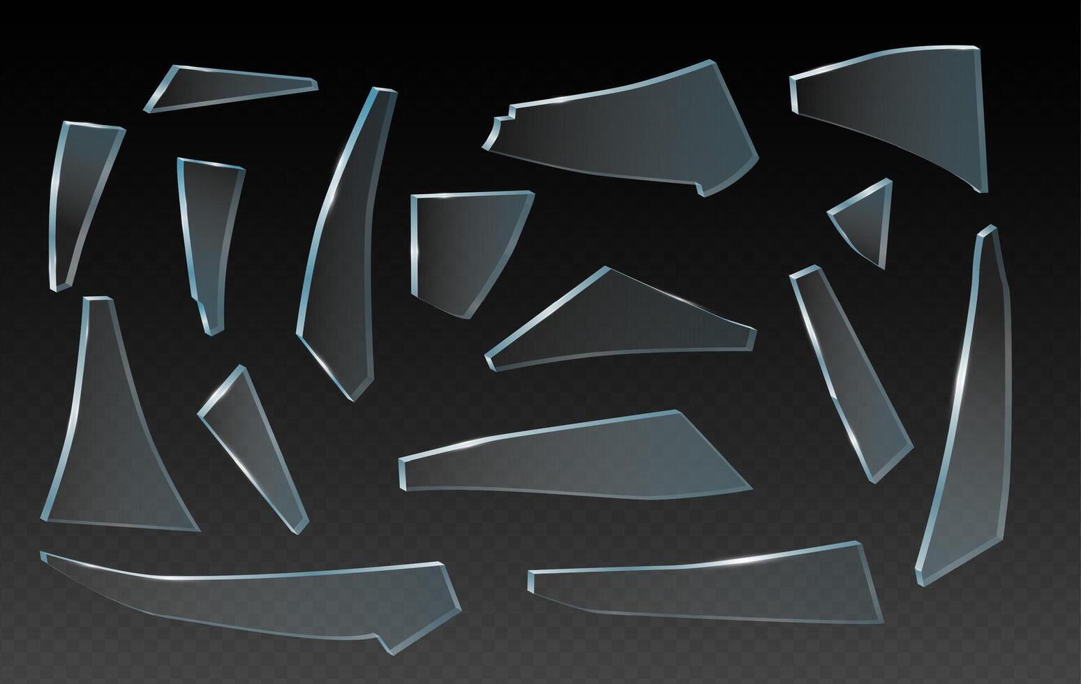 Broken glass shards, splinter of glass, realistic clip art. Pieces of different shapes and splinters. vector