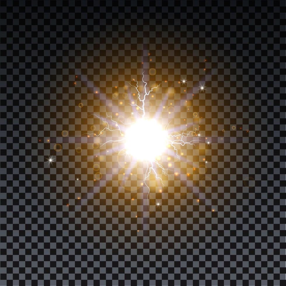 Golden burst with sparkle rays and lens flare effect. Glowing stars. Golden glitter bokeh and burst of magical dust particles. vector