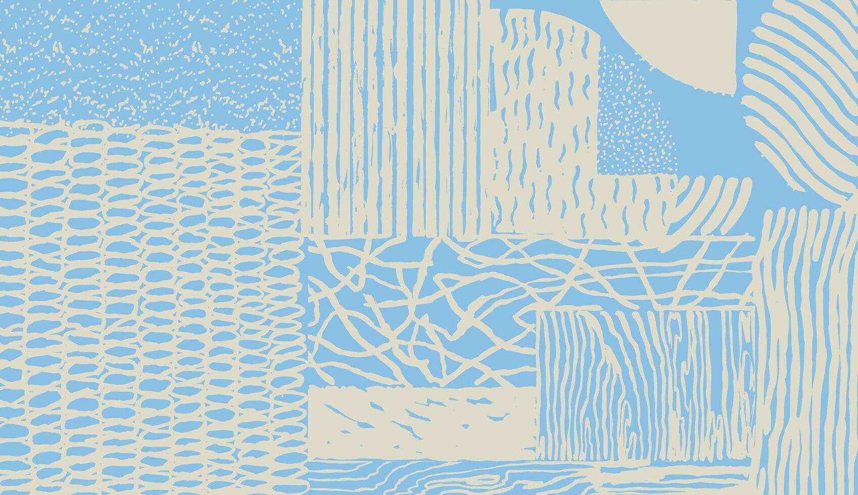 Hand drawn brush lines abstract organic shapes, textured surface, woven thread and dots in pastel blue. Tribal hand paint distress pattern for textile, and carpet vector