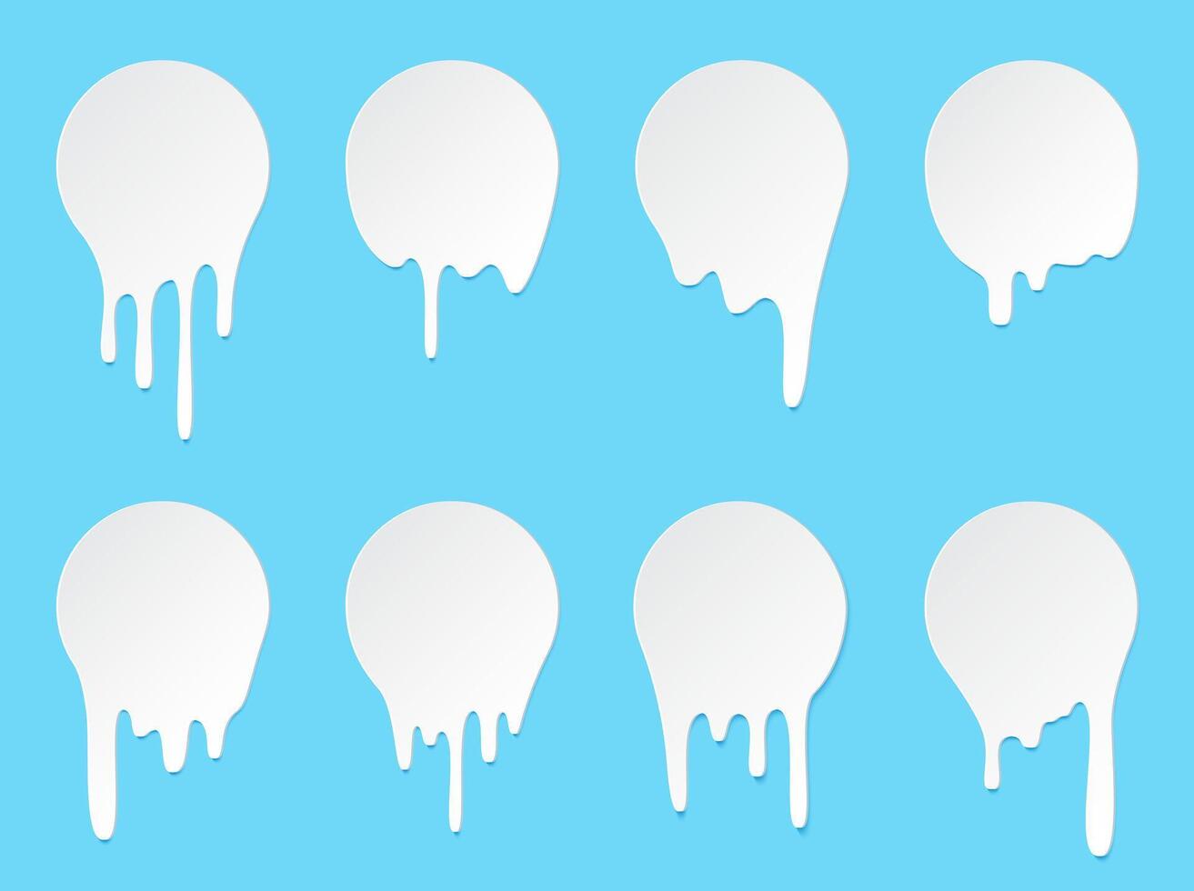 Melt drip stickers or circle milk labels. liquid drops icons for graffiti blob stickers. White liquid or melted chocolate drips, milk, current paint. vector