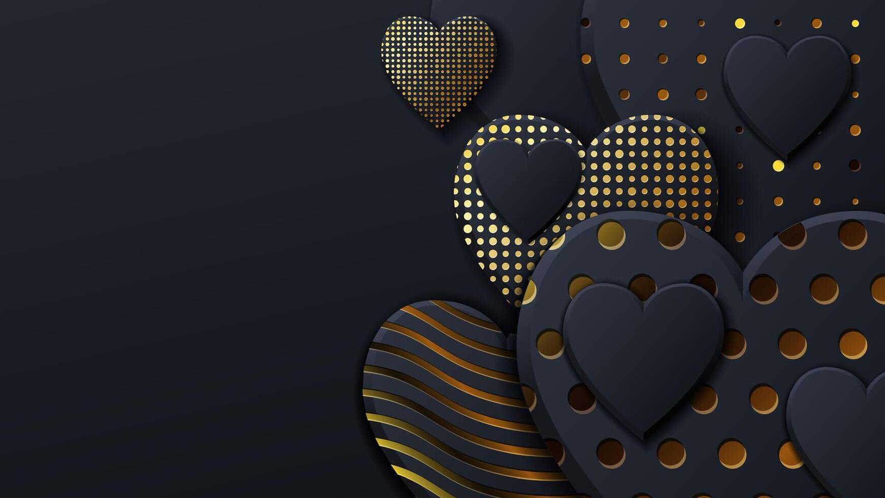 Valentines Day background with black hearts and gold pattern. luxury cover on dark background. Black holidays poster, card, add, header, website, article for valentines day. vector