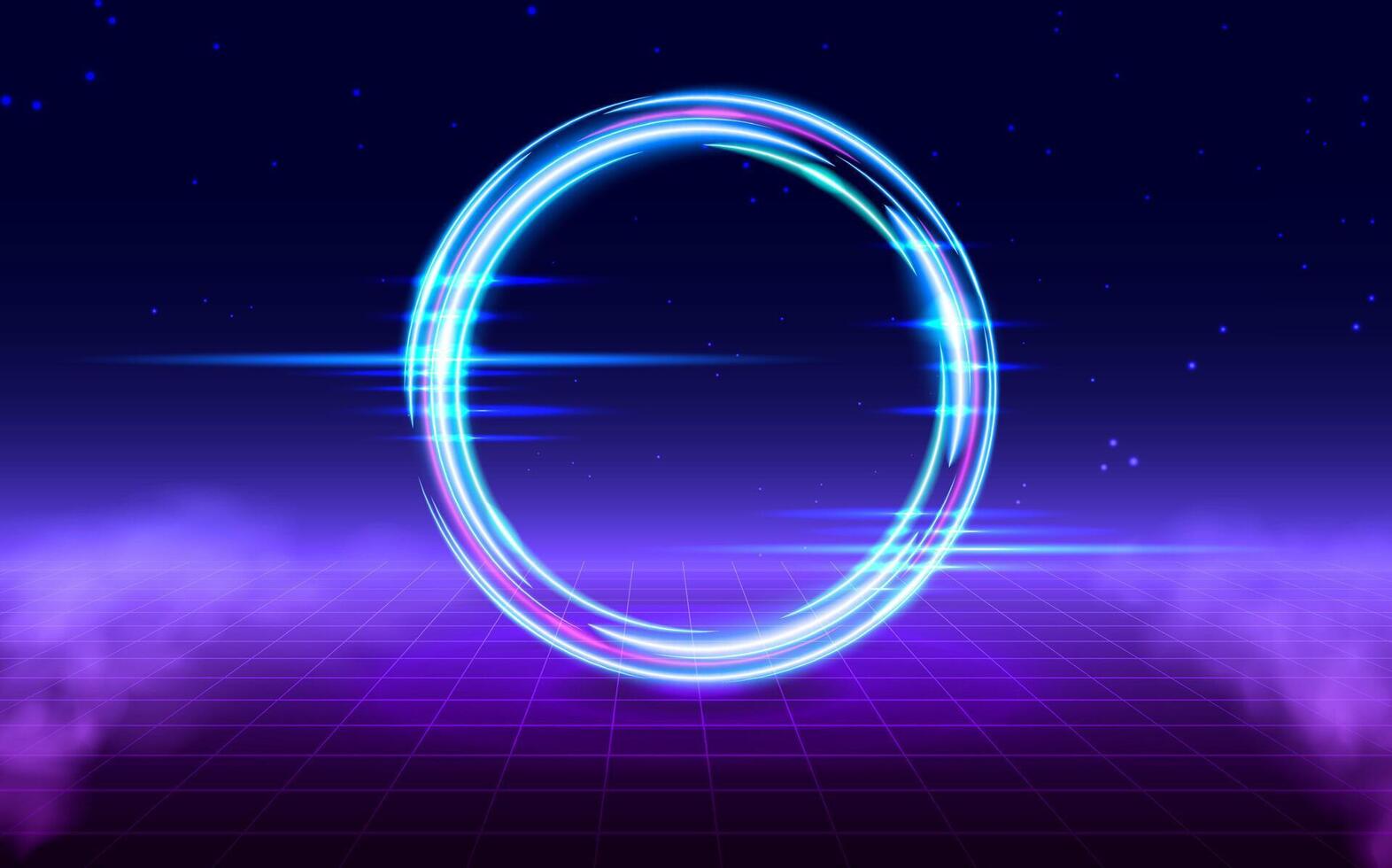 Vaporwave style. Retrofuturistic landscape with perspective grid and glowing circle with fog. vector