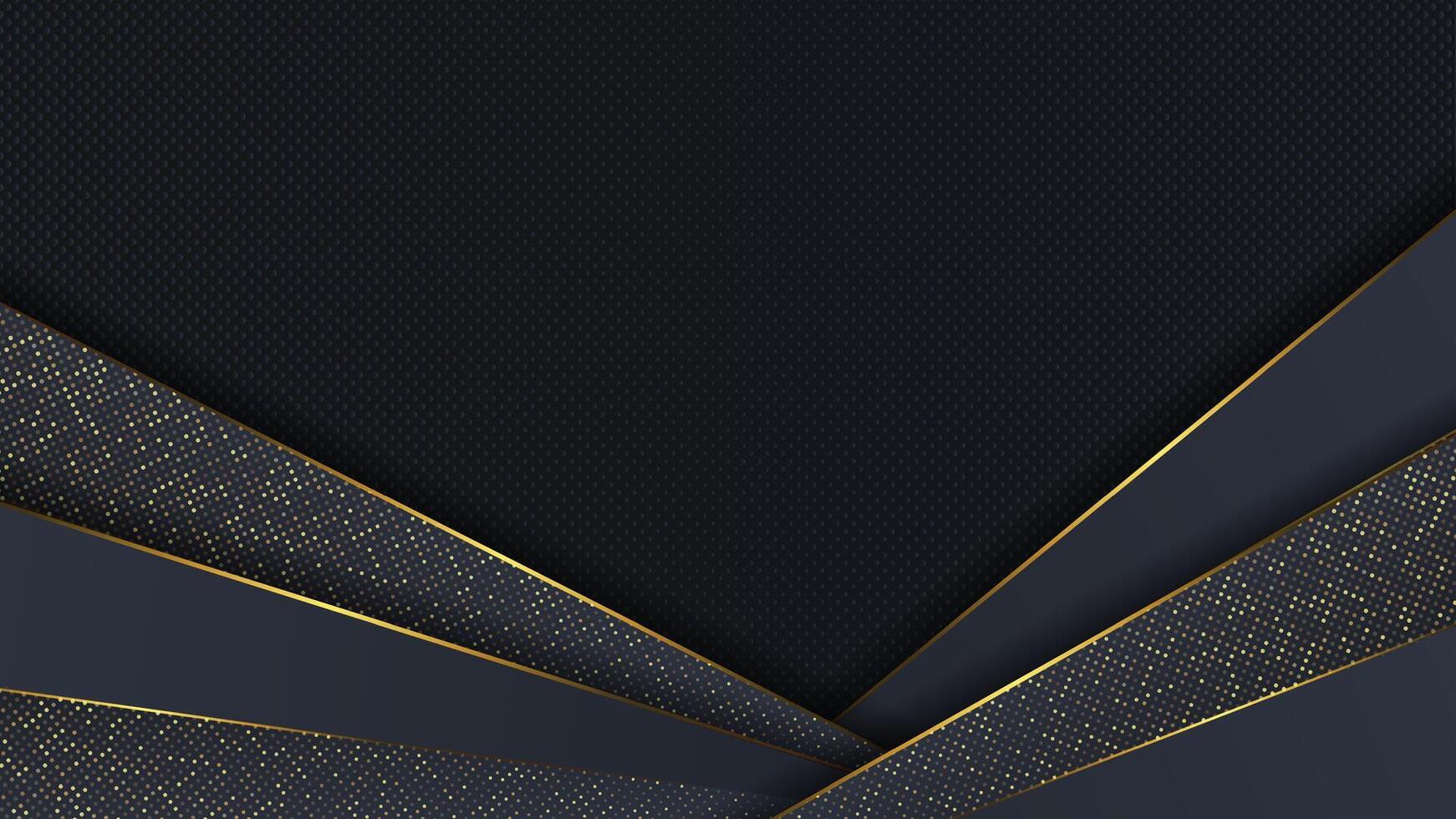 Abstract background with black overlap layers. Texture carbon with luxury golden glitters dots. vector