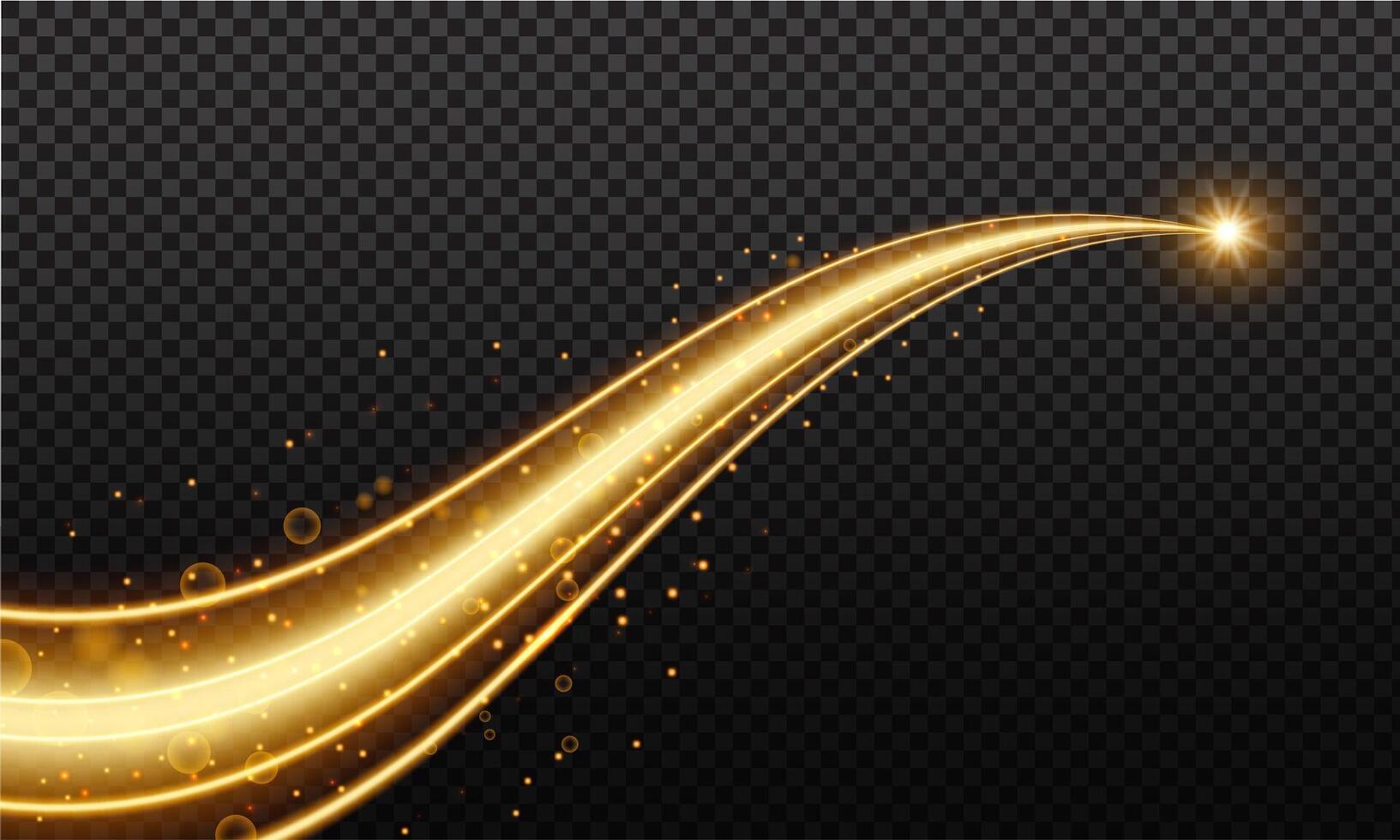 Golden wave with trail of comet and sparkling gold stardust, effect bokeh. Luminescent wave with bright bokeh and sparkles trail for magic design. vector