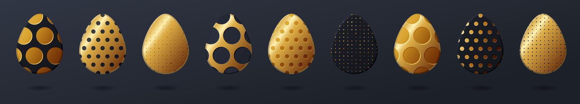 Gold easter eggs. Set of golden and black egg with dot patterns, spiral and lines pattern on a dark background. vector