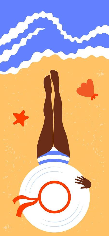 Person relaxing on beach with sun hat vector