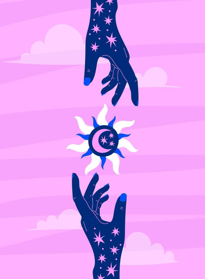 Celestial hands reaching for sun vector