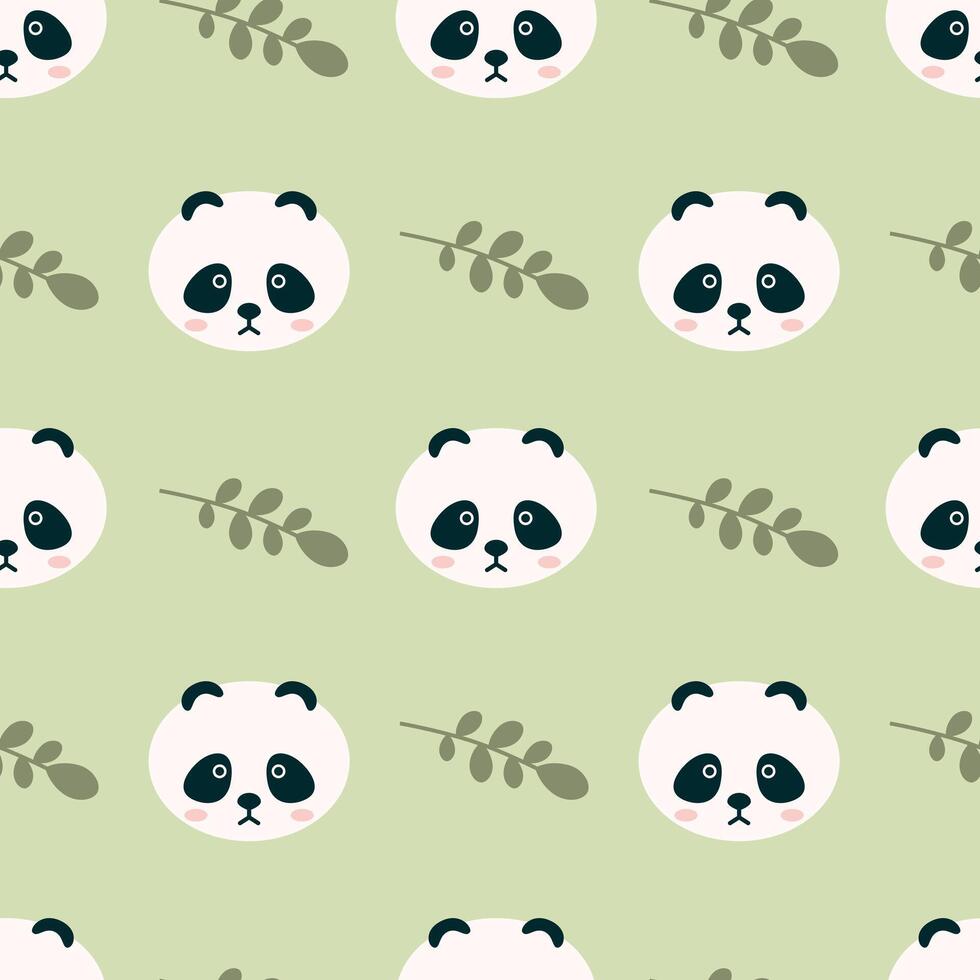 Cute Panda Faces and Leaves Seamless Pattern. Perfect for textiles, wallpapers, and more, capturing a playful, charming vibe. vector