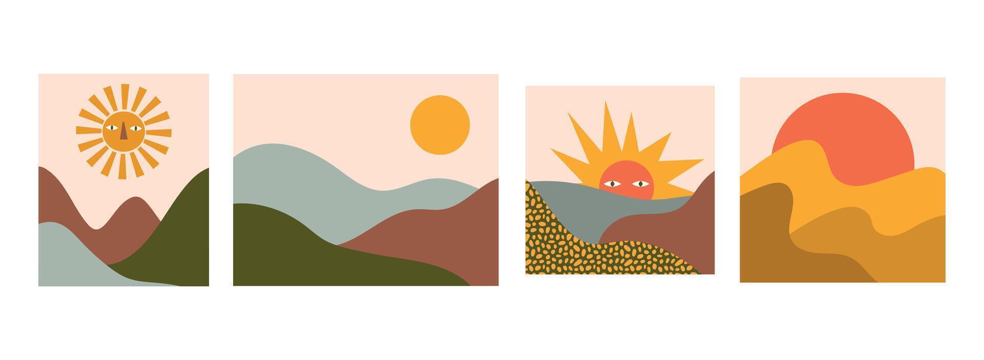 Abstract Sun and Landscape Illustration Set. Bright and colorful geometric elements highlight each scene. vector