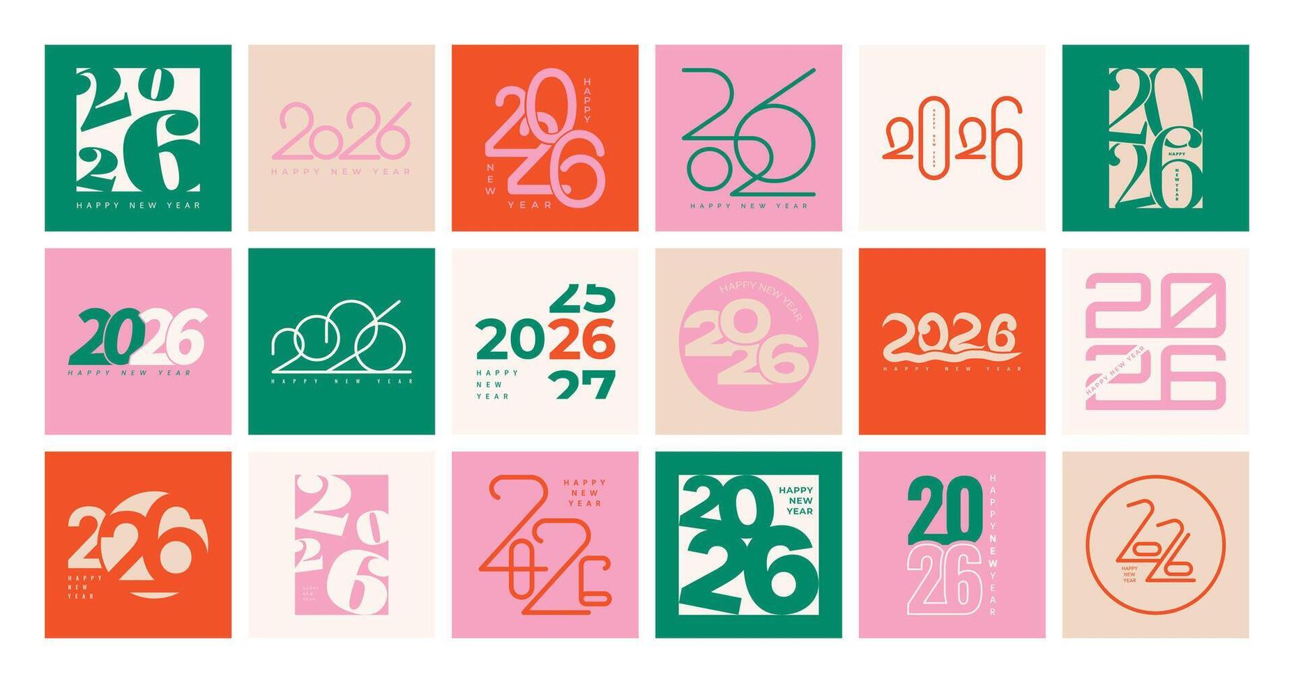 2026 numbers and Happy new year text. Greeting Card template set. Logo digit design. Collection of multicolor bright poster. illustration with green pink orange labels for web and print. vector