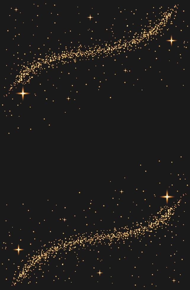 Gold dust light on black backdrop. Magic new year christmas background. Glowing Bokeh effect poster with copy space. Confetti. lines and sparkle frame for cover card banner vector