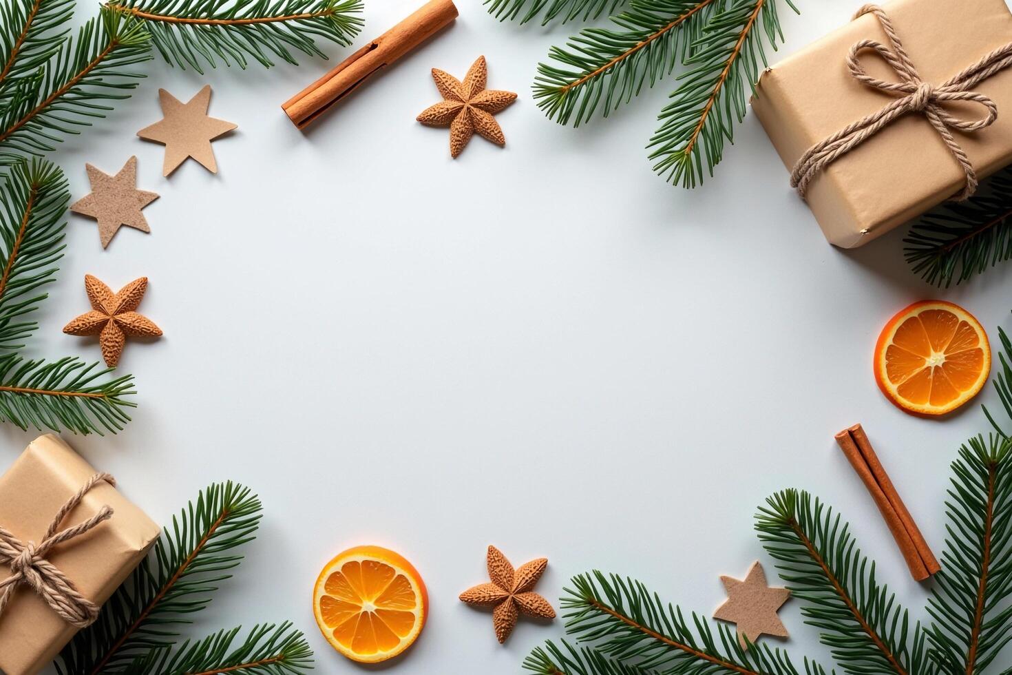 Flatlay of Winter Holiday Gift Wrapping with Natural Elements photo