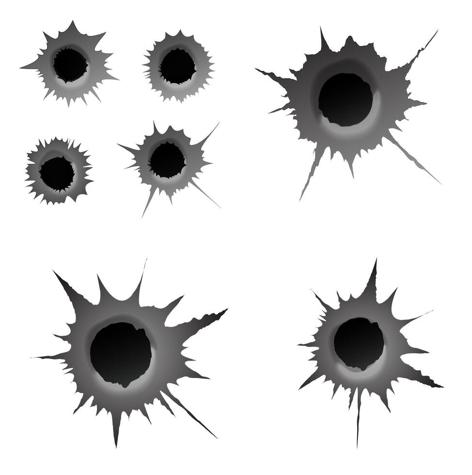 Bullet hole on white background. Set of metal bullet hole, vector