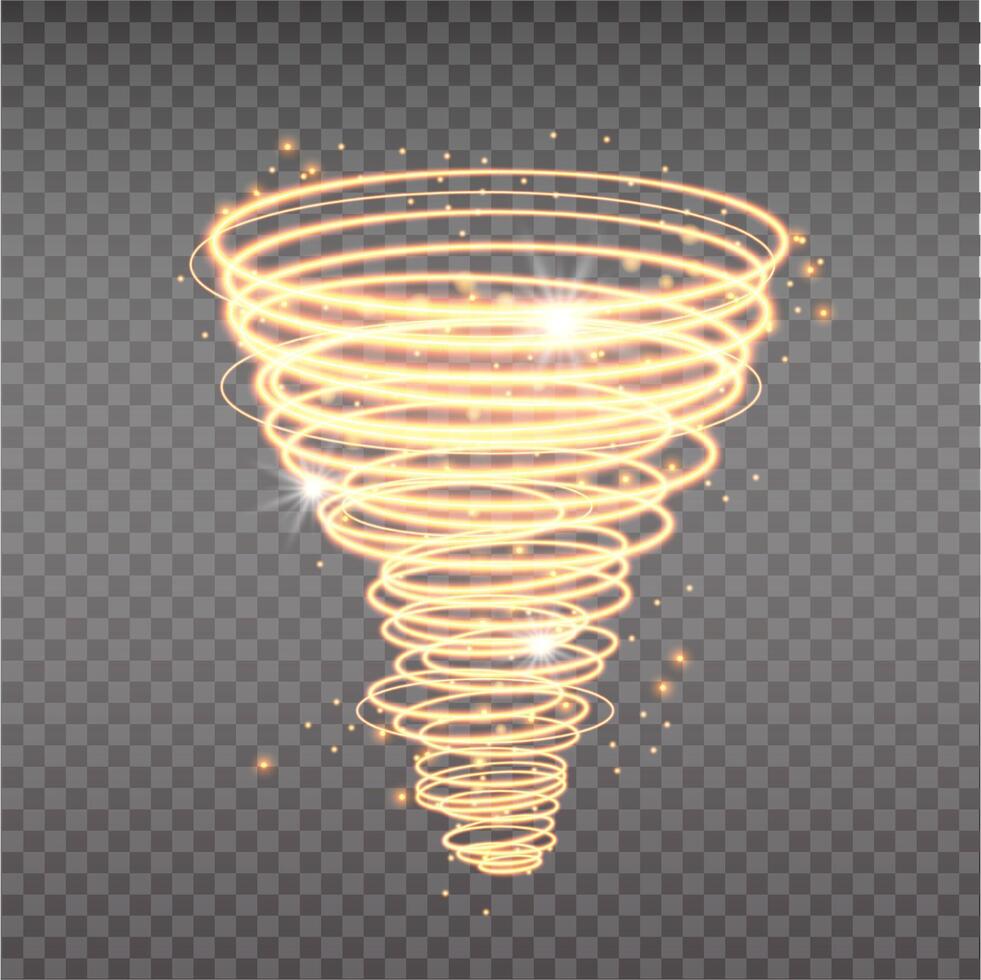 Golden tornado, swirling storm cone of stardust sparkles. Golden spiral with light effect. Magical stardust tornado, light hurricane. vector
