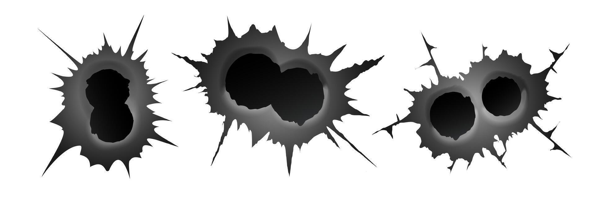 Bullet double hole on white background. set of double realisic metal bullet hole, damage effect. vector