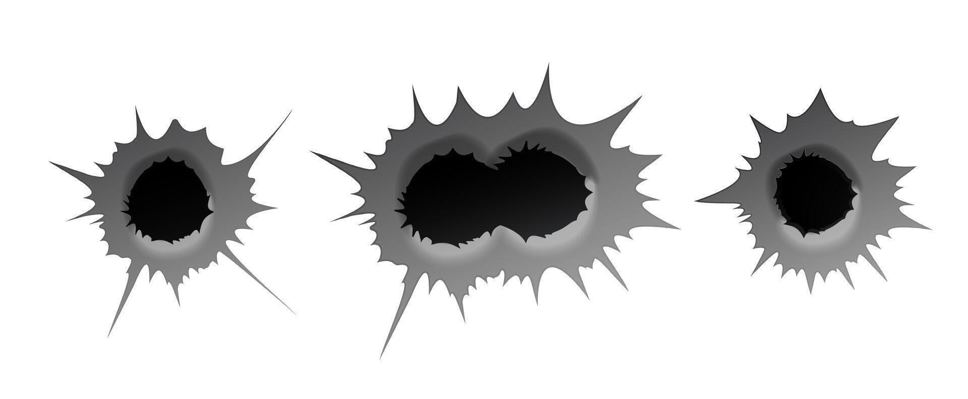 Bullet hole on white background. Realisic metal single and double bullet hole, damage effect. vector