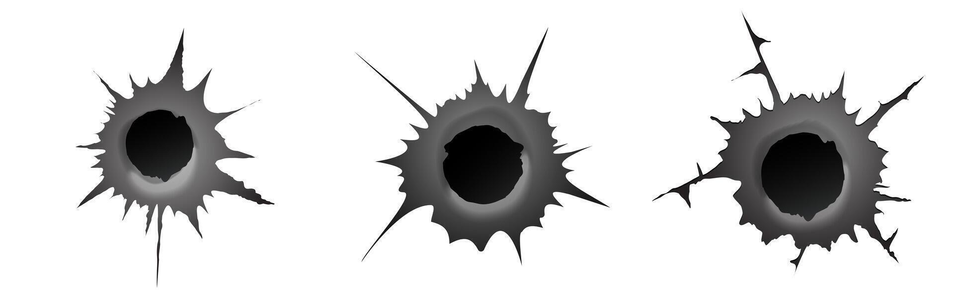 Bullet hole on white background. Set of realisic metal bullet hole, damage effect. vector