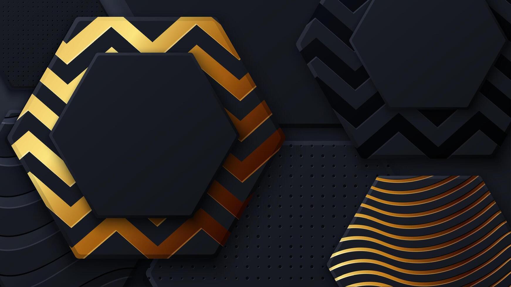 Black and gold honeycomb tiles. Hexagon geometry pattern. Minimal black background of honeycomb for modern cover, ad baner vector