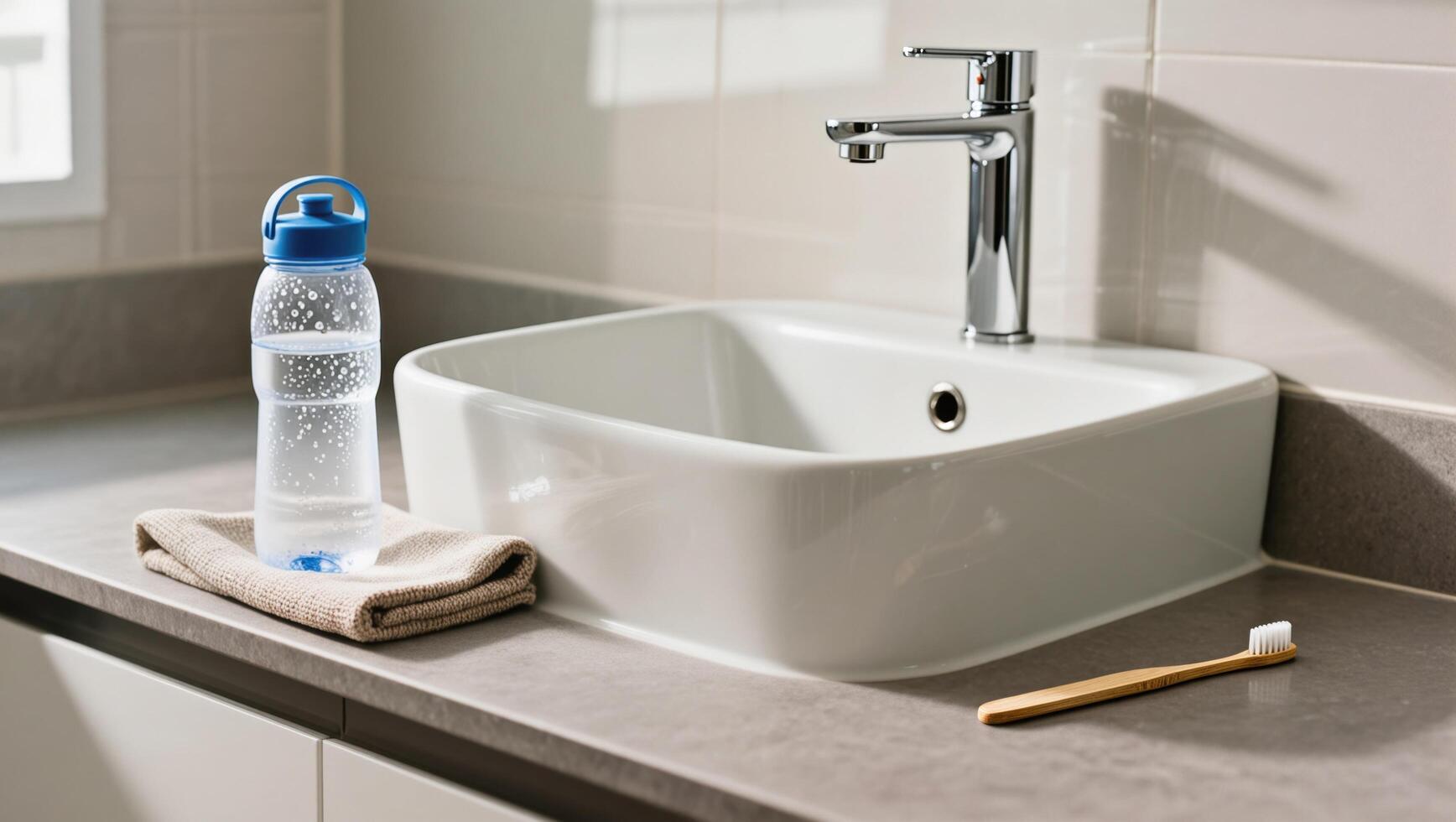 Morning Routine With a Water Bottle and Toothbrush by the Sink in a Bright Bathroom photo